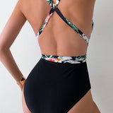 Swim Traje De Bano De Una Sola Pieza Con Cuello Halter En V Profundo De Estilo Floral Para Mujeres De Vacaciones