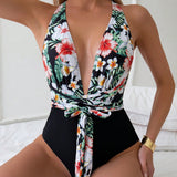 Swim Traje De Bano De Una Sola Pieza Con Cuello Halter En V Profundo De Estilo Floral Para Mujeres De Vacaciones