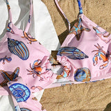 NEW Conjunto De Banador De Dos Piezas Para Mujer Con Bikini Y Pantalones Cortos Con Impresion De Conchas Y Cangrejos Para Unas Vacaciones En La Playa