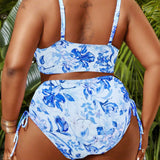 Swim Lushore Conjunto de bikini para mujeres de talla grande con estampado floral y detalle cruzado en la parte delantera para usar en la playa durante el verano