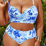 Swim Lushore Conjunto de bikini para mujeres de talla grande con estampado floral y detalle cruzado en la parte delantera para usar en la playa durante el verano