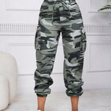 EZwear Pantalones cargo con estampado de camuflaje con bolsillo lateral con solapa con cordon delantero