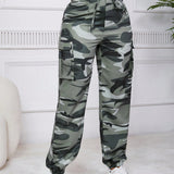 EZwear Pantalones cargo con estampado de camuflaje con bolsillo lateral con solapa con cordon delantero