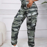 EZwear Pantalones cargo con estampado de camuflaje con bolsillo lateral con solapa con cordon delantero