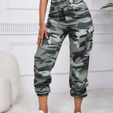 EZwear Pantalones cargo con estampado de camuflaje con bolsillo lateral con solapa con cordon delantero