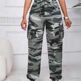 EZwear Pantalones cargo con estampado de camuflaje con bolsillo lateral con solapa con cordon delantero