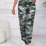 EZwear Pantalones cargo con estampado de camuflaje con bolsillo lateral con solapa con cordon delantero