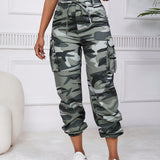 EZwear Pantalones cargo con estampado de camuflaje con bolsillo lateral con solapa con cordon delantero