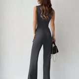 Prive Black Plunging Neckline Culotte Jumpsuit With Pleated Detail And Slit Leg