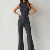 Prive Black Plunging Neckline Culotte Jumpsuit With Pleated Detail And Slit Leg