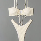 Swim Set de bikini de dos piezas solido para mujer con cruz frontal y encaje, para playa de verano