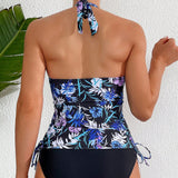 Swim Conjunto De Top Halter Estampado Tropical Para Mujer Y Bikini De Triangulo De Color Solido Para La Parte Inferior