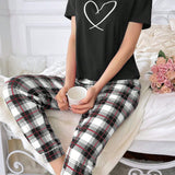 Conjunto De Pijama Para Mujer Con Top Estampado De Corazon Y Pantalones A Cuadros