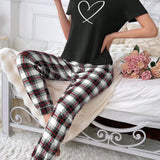 Conjunto De Pijama Para Mujer Con Top Estampado De Corazon Y Pantalones A Cuadros