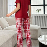Conjunto De Pijama Para Mujer Con Camiseta Estampada Con Letras Y Pantalones Largos Estampados Con Cuadros, Adecuado Para El Verano