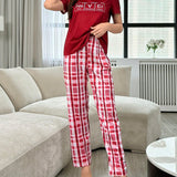 Conjunto De Pijama Para Mujer Con Camiseta Estampada Con Letras Y Pantalones Largos Estampados Con Cuadros, Adecuado Para El Verano