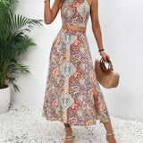 VCAY Conjunto de top corto y falda con estampado paisley y estilo de vacaciones para mujeres