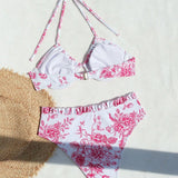 Swim Mod Conjunto de bikini de mujer con estampado floral de verano con cuello halter y pantalones cortos con cintura alta fruncidos, diseno de impresion aleatorio