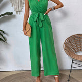 VCAY Women's V-Neck Sleeveless Solid Color Jumpsuit With Waistband, Casual And Elegant, Suitable For Spring And Summer