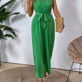 VCAY Women's V-Neck Sleeveless Solid Color Jumpsuit With Waistband, Casual And Elegant, Suitable For Spring And Summer