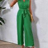 VCAY Women's V-Neck Sleeveless Solid Color Jumpsuit With Waistband, Casual And Elegant, Suitable For Spring And Summer