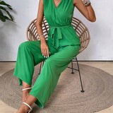 VCAY Women's V-Neck Sleeveless Solid Color Jumpsuit With Waistband, Casual And Elegant, Suitable For Spring And Summer
