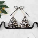 Swim SXY Top de bikini con cuello halter estampado de leopardo para mujer con impresion aleatoria, ideal para la playa en verano