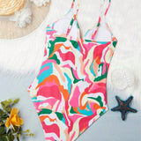 Swim Vcay Traje De Bano Femenino De Una Pieza Con Estampado Abstracto Y Tirantes Finos, Adecuado Para Playa O Vacaciones