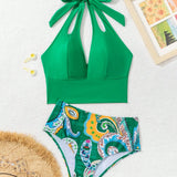 Swim Conjunto de bikini para mujer con estampado floral y cuello halter (impresion al azar) para ropa de playa de verano