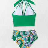 Swim Conjunto de bikini para mujer con estampado floral y cuello halter (impresion al azar) para ropa de playa de verano