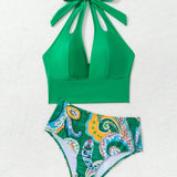 Swim Conjunto de bikini para mujer con estampado floral y cuello halter (impresion al azar) para ropa de playa de verano