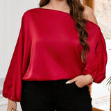 Blusa Elegante De a Grande Con Cuello Asimetrico Y Mangas De Linterna