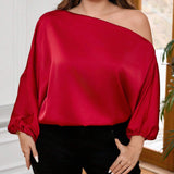 Blusa Elegante De a Grande Con Cuello Asimetrico Y Mangas De Linterna