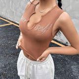 Top Sin Mangas Informal Para Mujer Con Letras Impresas, Diseno De Cuello En V Y Adornos De Diamantes De Imitacion