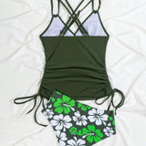 Swim Conjunto de tankini con Top solido de escote en V con lado de cordon ajustable y Pantalon estampado triangular con flores