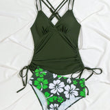 Swim Conjunto de tankini con Top solido de escote en V con lado de cordon ajustable y Pantalon estampado triangular con flores