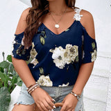 CURVE+ Camisa De Manga Corta Holgada Con Hombros Descubiertos Y Estampado Floral Para Mujer De a Grande Estilo De Vacaciones