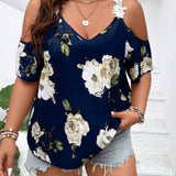 CURVE+ Camisa De Manga Corta Holgada Con Hombros Descubiertos Y Estampado Floral Para Mujer De a Grande Estilo De Vacaciones