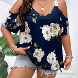 CURVE+ Camisa De Manga Corta Holgada Con Hombros Descubiertos Y Estampado Floral Para Mujer De a Grande Estilo De Vacaciones