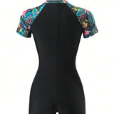 Swim SPRTY Traje De Bano De Una Pieza Para Dama Con Mangas Cortas Y Estampado De Plantas Y Flores, Impresion Aleatoria, Adecuado Para Surfear