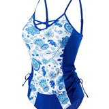 Swim Traje de bano tankini para mujer con cordon de ajuste y estampado de plantas con detalles fruncidos en el costado