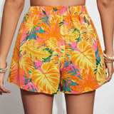 VCAY Shorts De Cintura Con Cordon Y Estampado Tropical Para Mujer