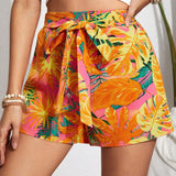 VCAY Shorts De Cintura Con Cordon Y Estampado Tropical Para Mujer