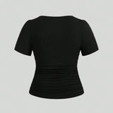 Prive Plus Size Women's Elegant Short Sleeve T-Shirt With Irregular Collar, Pleated Waist For Slimming Effect, Summer