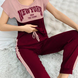 Conjunto De Pijama Con Pantalones Largos Y CamiConjuntoa Color Block Con Estampado De Letras
