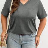 LUNE Plus Size Women's Summer Casual Gray V-Neck Short Sleeve T-Shirt