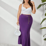 NEW  Prive Falda Ajustada De Talla Grande Para Mujer De Color Solido Elegante Con Dobladillo En Forma De Cola De Pez En Morado