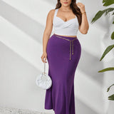 Prive Plus Size Women's Elegant Prom Summer Skirt  Solid Color Fishtail Hem Bodycon Skirt In Purple