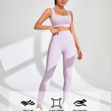 Conjunto De Ropa Deportiva Para Mujer De Chaleco Y Mallas Sin Costuras Con Alta Elasticidad Y Color Solido