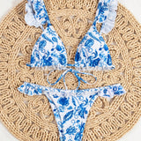 Swim Conjunto De Bikini De Encaje Con Estampado Floral Empalmado